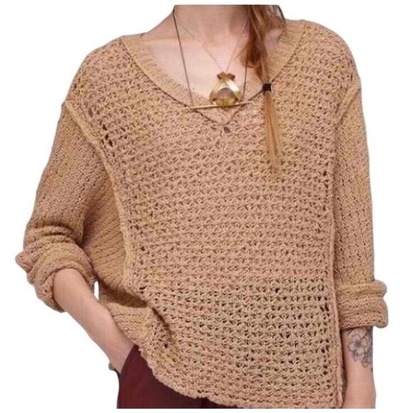 Free People Oversized Sweater Women S Brown Boho V Neck Baja Laguna Open Knit - Picture 1 of 16